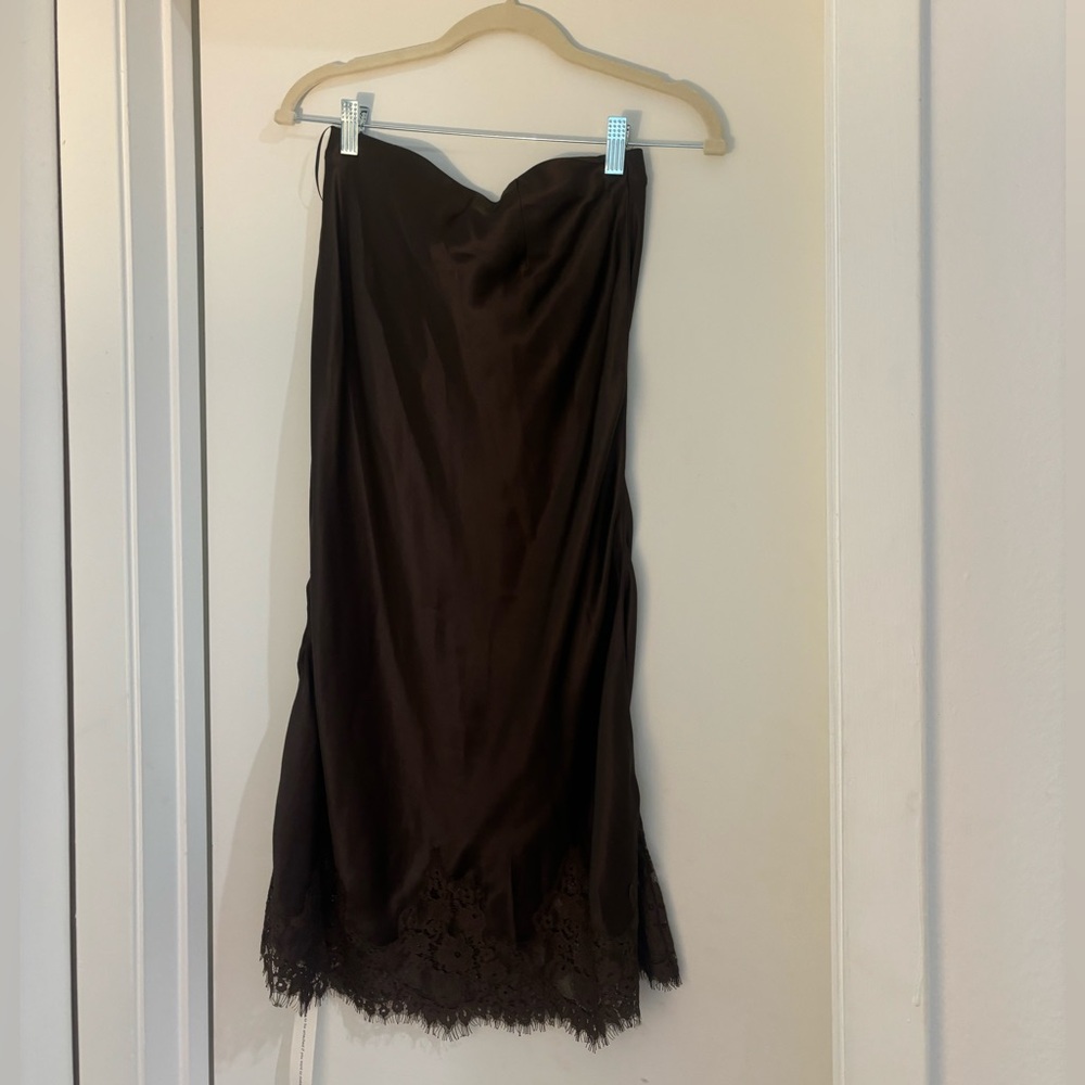 Reformation Brown Satin Slip Skirt with Lace Trim - Picture 2 of 5